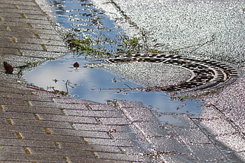 drain, manhole Cover, nature, round, puddle Of Water, metal, lid, puddle, cast Iron, paving Stones, road