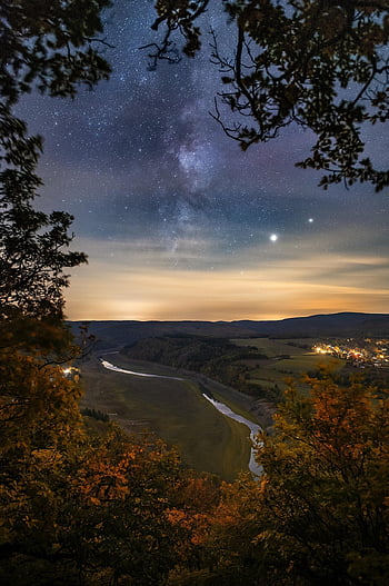 calea Lactee, galaxie, câmpuri, estuar, natură, pajiști, peisaj, copaci, cer de noapte, frunze, frunziş