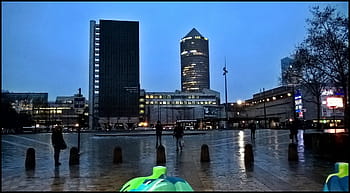 Lyon, city street, train station, night lights, buildings, rain, reflections, pavements, square, La Part-Dieu, Gare de Lyon