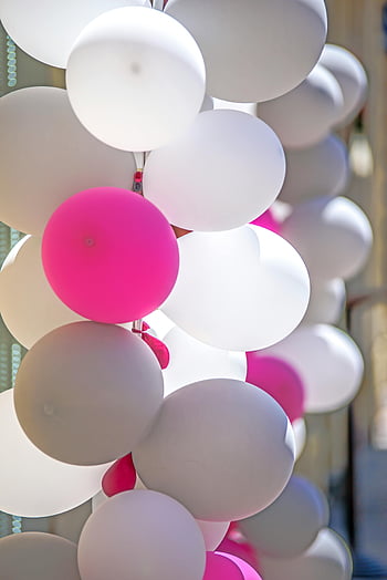 pembe balonlar, gri balonlar, yakın çekim balonları, şenlikli atmosfer, renkli balonlar, parti süsleri, Kutlama Balonları, pembe ve gri, balon ekranı, balon düzenlemesi, balon kümesi