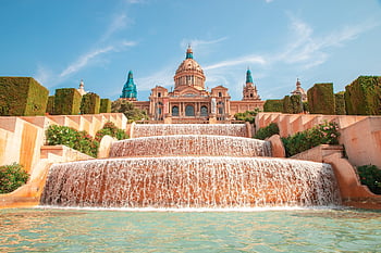fountain, cascade, waterfall, gaudi, architecture, travel, barcelona, spain, europe, catalonia, montjuic