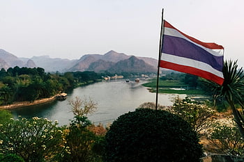 Thailand flag, mountain landscape, river, Kanchanaburi, lush mountains, picturesque river, Thai flag, foreground, scenic view, nature, outdoor