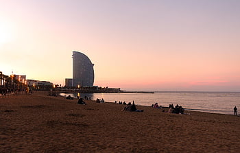 strand, cél, paradicsom, part, tenger, óceán, napnyugta, szabadban, barcelona, szálloda, luxus