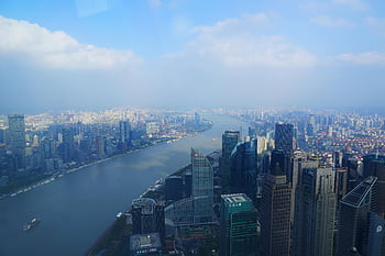 shanghai orizont, râul huangpu, vedere aeriene, peisaj urban, zgârie-nori, Downtown Shanghai, vedere panoramică, arhitectura moderna, China, orașul de pe malul apei