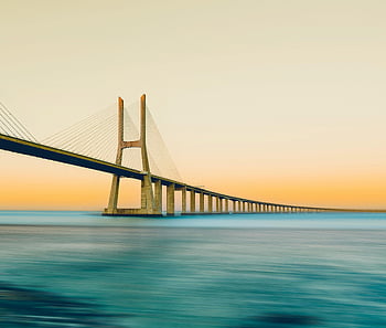 vasco da gama bridge, Lisabon, západ slunce, klidný pohled, ohromující západ slunce, voda, Portugalsko, architektura, mezník, večer