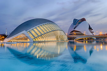 Valencia, City of Arts and Sciences, reflection, cityscape, sea, night, twilight, serene waters, modern architecture, Spain, landmark