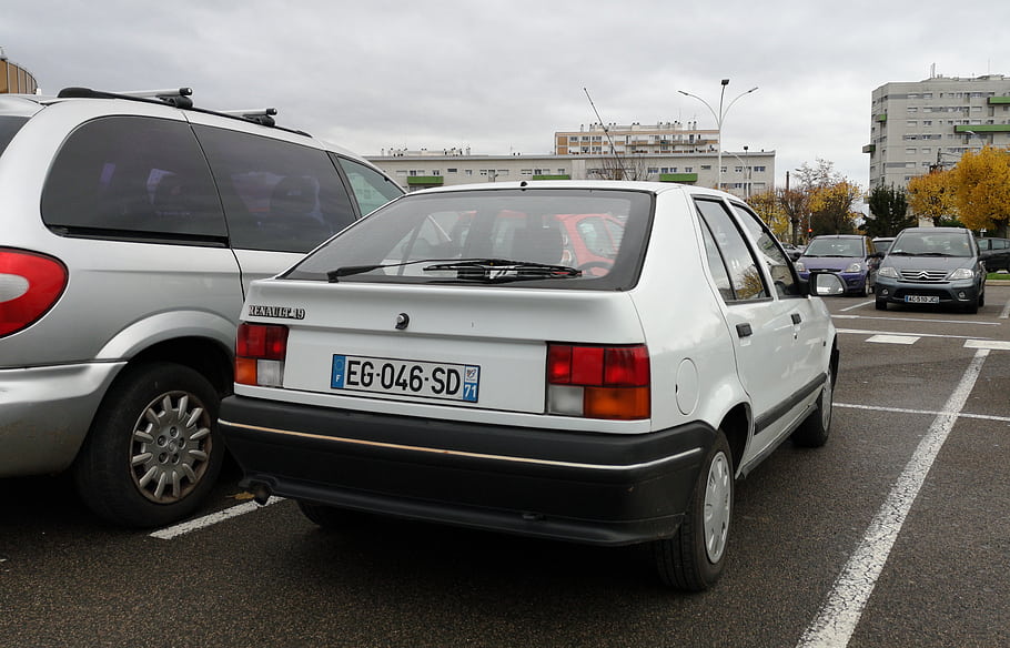 Renault, 19, car, white, rear view, license plate, parking lot, urban, street, vehicle, compact