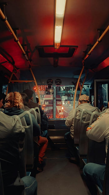 folk sidder på bussen, bybus, nat tur, varm indvendig belysning, passagerer, bytransport, offentlig transit, Aften pendler, bus interiør, Byens natteliv, rejse