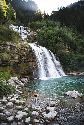 osoba, vodopád, řeka, proud, Příroda, venku, skály, útesy, ženský, túra, wanderlust