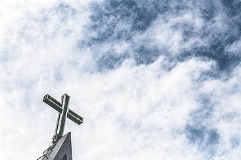 cross, church steeple, cloudy sky, low angle photo, vibrant cross, church architecture, religious symbol, sky backdrop, church cross, steeple top, cloud patterns