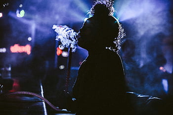 silhouette, person, smoking, shisha, woman, nightclub, colorful lights, artistic, smoke, hookah, night club