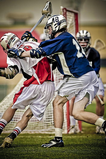 giocatori di lacrosse, campo d'erba, intensità atletica, Scena dinamica, azione di lacrosse, competizione sportiva, sport di squadra, sport all'aperto, sport competitivi, fotografia sportiva, azione sportiva