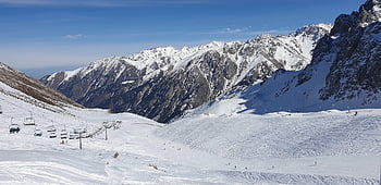 hory, almaty, Kazachstán, panoráma, shymbulak, krajina, modrá obloha, Příroda, cesta, sníh, lyže
