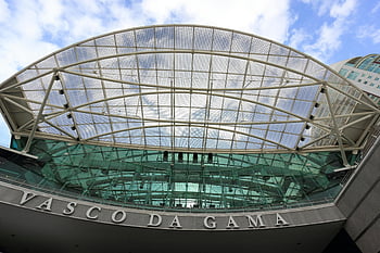 vasco da gama, Lisabon, moderní architektura, současná struktura, fotografování s nízkým úhlem, elegantní design, skleněná střecha, městské krajiny, nákupní centrum, Portugalsko, panoráma města