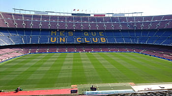 Camp Nou, FC Barcelona, empty football field, panoramic view, Mes Que Un Club, Barcelona stadium, football stadium, soccer field, sports venue, Spanish football, Camp Nou stadium