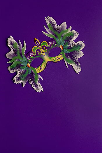 maska ​​mardi gras, zelená maska, fialové pozadí, Slavnostní témata, živá maska, peří, karnevalové masky, dekorativní maska, strana maska, maškarní maska, fialová a zelená