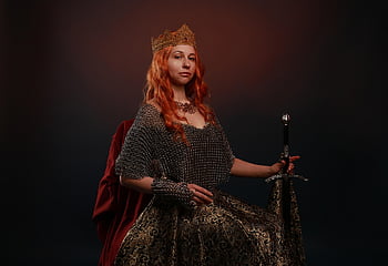 queen, sword, middle Ages, portrait, red Hair, historical, fantasy, dress, crown, diadem, princess