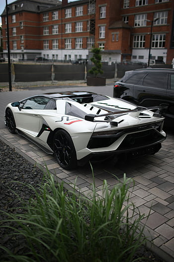white Lamborghini, luxury design, urban area, paved parking, sports car, high-end vehicle, sleek design, modern car, cityscape background, automotive photography, performance vehicle