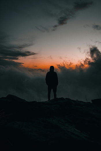 man standing on hilltop, silhouette, twilight, Primorsky Krai, Russia, sunset, landscape, outdoor, nature, evening, sky