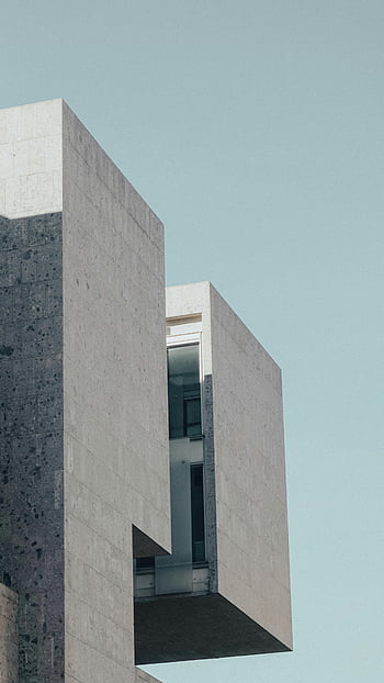 modern concrete building, geometric architecture, abstract view, clear sky, architectural elements, gray building wall, minimalist design, urban architecture, contemporary building, structural design, concrete facade