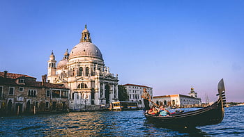 Venice, gondola, Santa Maria della Salute, scenic view, gondola ride, people on gondola, water, historic architecture, canal, Italy, travel