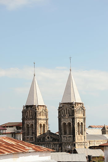 St Josephs Cathedral, Zanzibar, Tanzania, Gothic styled cathedral, cathedral towers, clear sky, Zanzibar City, church architecture, religious building, historical landmark, twin spires