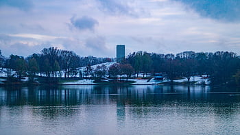 lake, winter, nature, o2 Tower, munich, lerchenauer See, snow, skyscraper, germany, riverbank