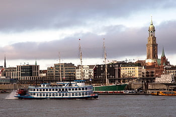 loď, přístav, lopatkový parník, věž, Hamburg, landungsbrücken, Labe, voda, hanseatické město, řeka, přístavní plavba