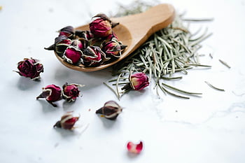 szárított rózsák, rozmaring, gyógynövény tea, tea -összetevők, fehér háttér, közelkép, szárított gyógynövények, teakeverékek, fakanál, természetes hozzávalók, aromás fűszernövények