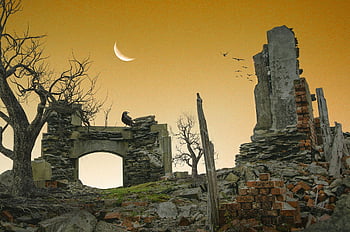 rovine, abbandonato, collina, crepuscolo, misterioso, muro di pietra, mattone, costruzione