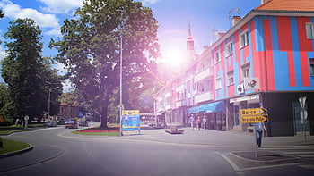 městské ulice, barevné budovy, jasné sluneční světlo, lidí, kteří jdou, chodník, městské scény, pouliční značky, slunečný den, městské krajiny, roh ulice, stromy