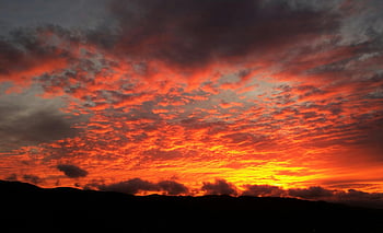 Golden Hour, sunset, vibrant orange, dark clouds, New Zealand landscape, breathtaking, sky, horizon, natural beauty, evening light, scenic view