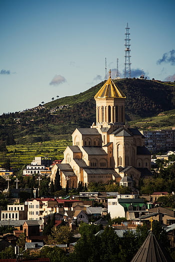 město, budov, kostel, Gruzie, katedrála, věž, moderní, městský, kopec, panoráma města, architektura