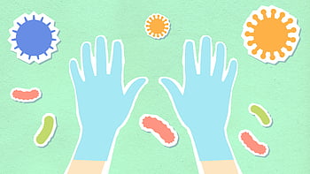 cutout paper composition, gloved hands, bacteria, colorful illustration, microbes, protection, hygiene concepts, cutout illustration, gloves, hygiene