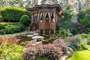 gazebo, pond, plants, flowers, serene garden, wooden gazebo, lush greenery, garden setting, outdoor space, natural beauty, peaceful environment