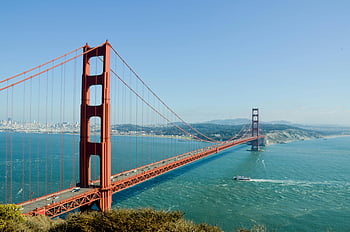 Golden Gate Bridge, San Francisco Bay, clear day, iconic bridge, California, waterfront, suspension bridge, travel destination, tourist attraction, scenic view, red bridge