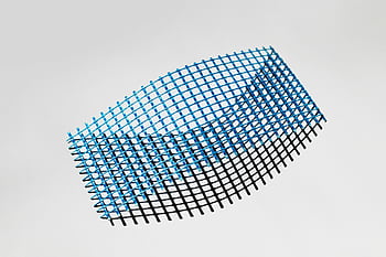 digital render, blue net, abstract grid, blue and black, white background, dynamic design, 3D art, modern art, geometric pattern, digital art, abstract composition