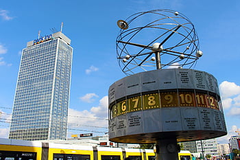 World Clock, Park Inn, Berlin, Alexanderplatz, monument, train, clear sky, urban landscape, cityscape, Germany, architecture