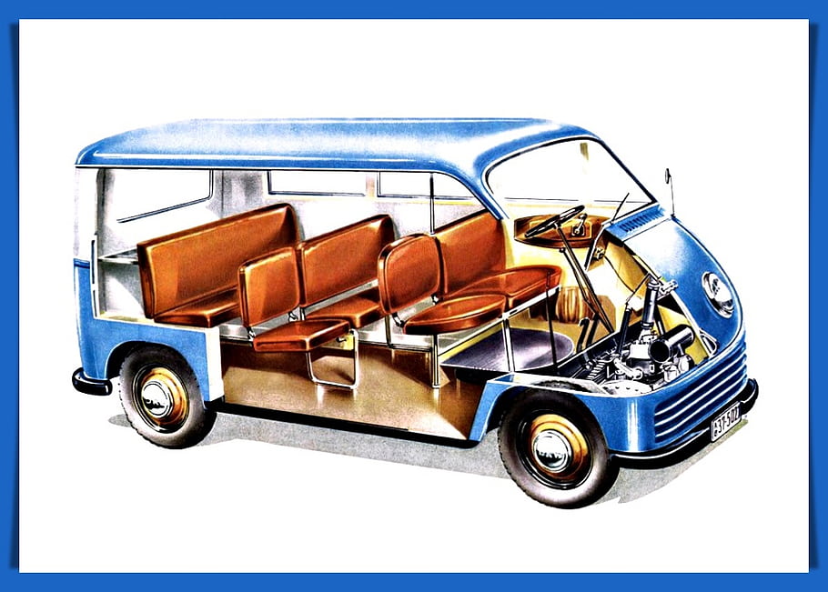 DKW-F89L, vintage car, 1949-1952, blue vehicle, interior view, brown seats, cutaway illustration, classic automobile, front engine, side profile, retro design