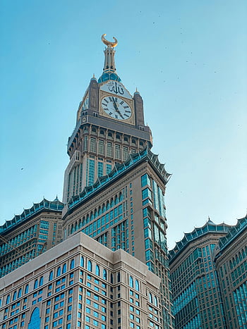 saat kuleleri, Mekke, Suudi Arabistan, ikonik saat kulesi, karmaşık mimari, açık mavi gökyüzü, Mekke mimarisi, Suudi Arabistan simgeleri, Mekke Skyline, Mekke binaları, Mekke turizmi