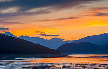 tramonto, montagne, lago, silhouette, acqua, panoramico, scenario, Canada, cielo arancione, catena montuosa, natura