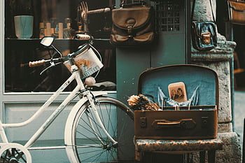 vinobraní kolo, kufr, Nostalgické prvky, retro-motived, venkovní scénu, Vintage příslušenství, staromódní, starožitné předměty, klasický styl, Téma cestování, dekorativní předměty