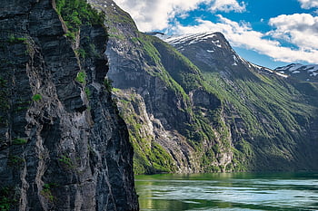 hory, jezero, Příroda, útes, nebe, mraky, fjordy, Norsko, krajina