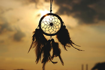 lapač snů, silueta, visící Dreamcatcher, nebe, klidný západ slunce, peří, rodilý Američan, duchovní, boho dekor, přírodní pozadí