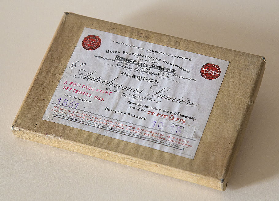 autochrom, lumière, Autochromy, Uzavřené balení, 10x15 destičky, vinobraní, fotografování, historický, box, označení, Union Fotografic Industrielle