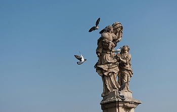 Žena nesoucí dětskou sochu, kamenné sochy, holuby, čisté nebe, venkovní socha, veřejné umění, Interakce ptáků, historická památka, městského umění, kulturní dědictví, kamenné řezbářství
