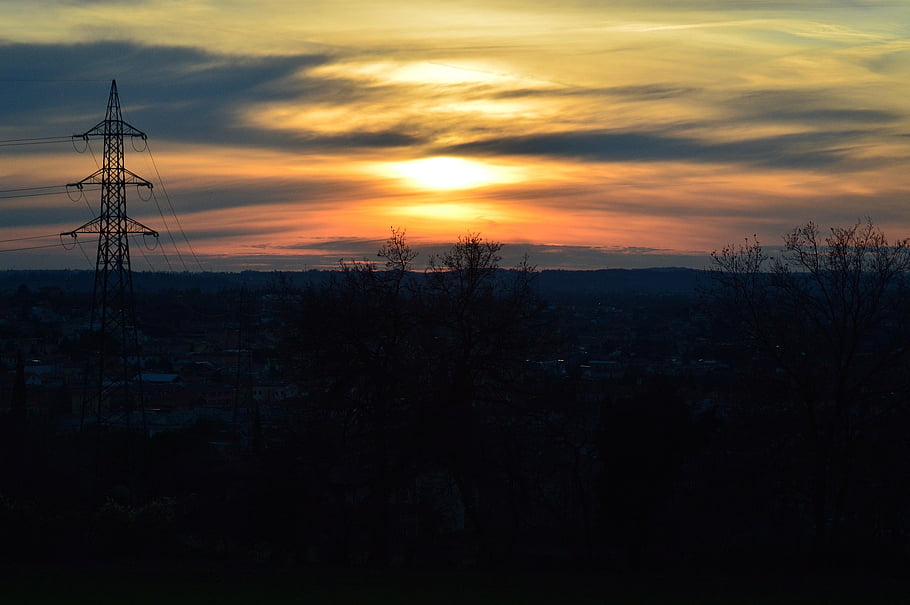 sunset, clouds, network, electricity, landscape