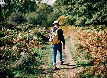 mand walking, vej, træer, skovspor, rygsæk, efterårssol, udendørs vandreture, natur tur, naturskøn sti, mand med hat, backpacker