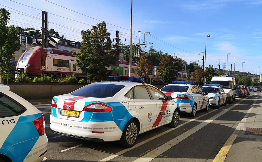 brod, mondeo, policie, Lucembursko, policejní auto, vlak, ulice, vozidel, modrý, bílý, Červené