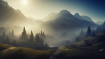 mountains, dawn, forest, nature, fog, twilight, sunset, landscape, conifers, trees, early Morning